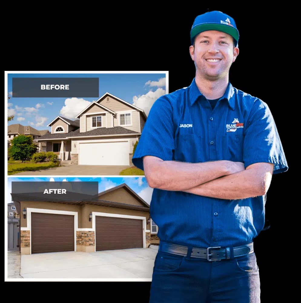 Before and after of a Blue Fox garage door restoration