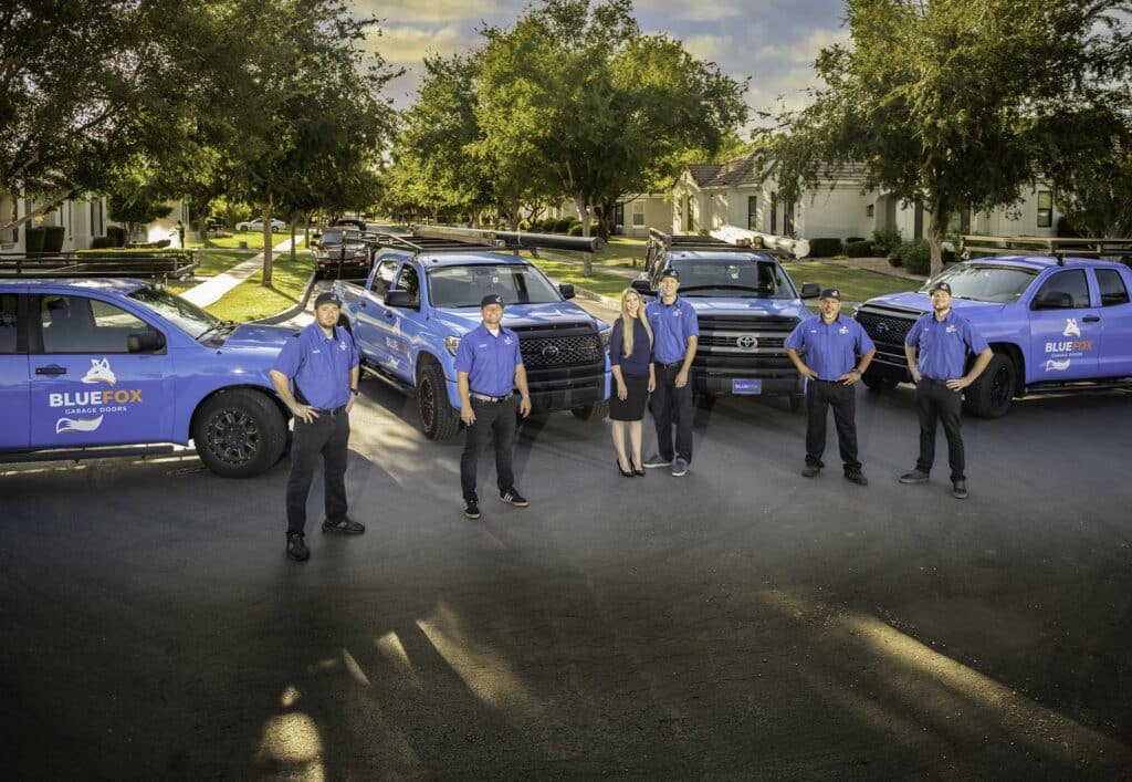 Blue Fox Garage Doors Team of Garage Door Technicians and Service Trucks